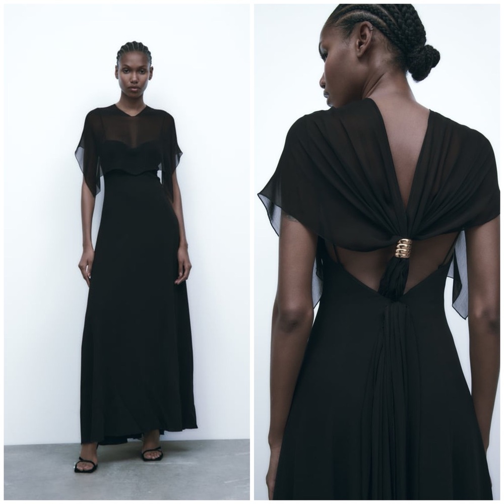 Zara Black Maxi Dress with Sheer Capelet